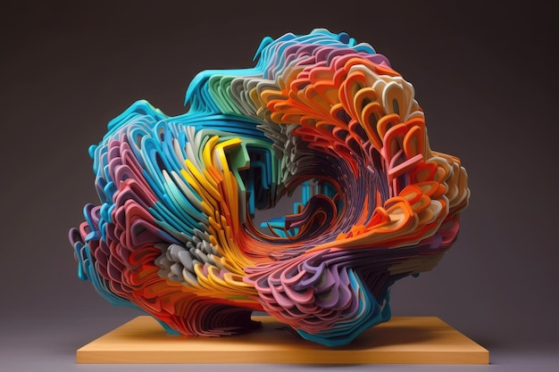 Sculpture hallucinante faite de formes et de couleurs imbriquées créées avec une IA générative