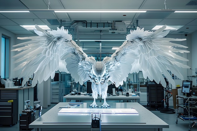 Photo la sculpture de hibou blanc fabriquée à partir de verre dans un laboratoire de haute technologie montre la puissance et la grâce de la nature