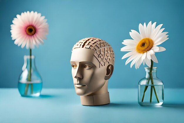 une sculpture d'un homme avec des fleurs devant lui