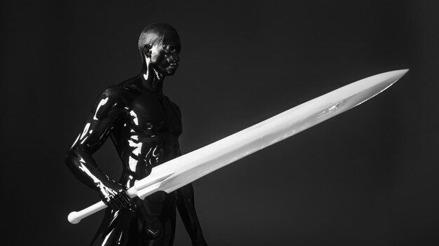 Sculpture humanoïde élégante avec une épée blanche design minimaliste et frappant dans les couleurs sombres idéal pour