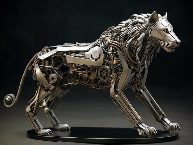 Sculpture d'un jeune lion en métal en pleine croissance AI généré AI generative AI generativ