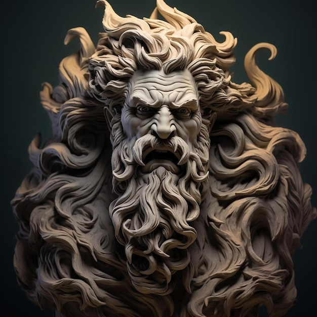 Une sculpture d'un lion avec une longue barbe.