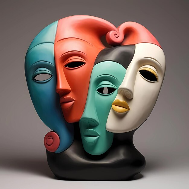 Sculpture de masque 3D avec visage rouge, bleu et brun créée à l'aide d'une IA générative