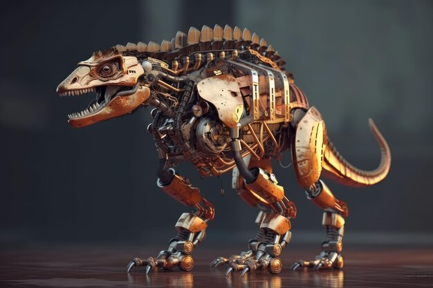 Sculpture mécanique de dinosaure sur une table IA générative