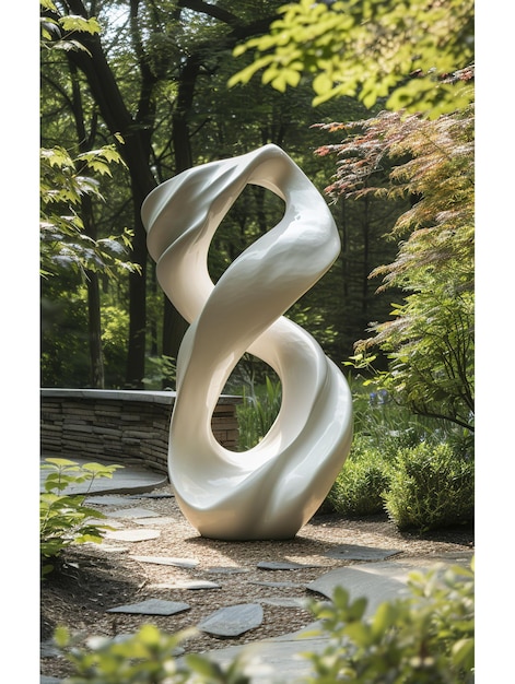 Une sculpture moderne de courbes lisses créant une illusion de mouvement placée dans un jardin tranquille