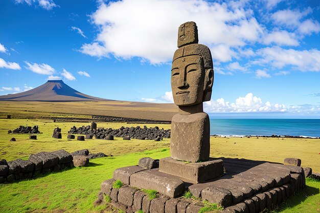 Sculpture monumentale de l'antiquité sur l'île couverte de mousse générative ai