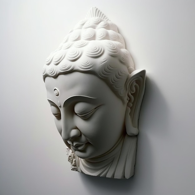 Une sculpture murale blanche d'un visage avec la tête de bouddha Gautama comme peinture murale pour la décoration intérieure, etc. Ai généré