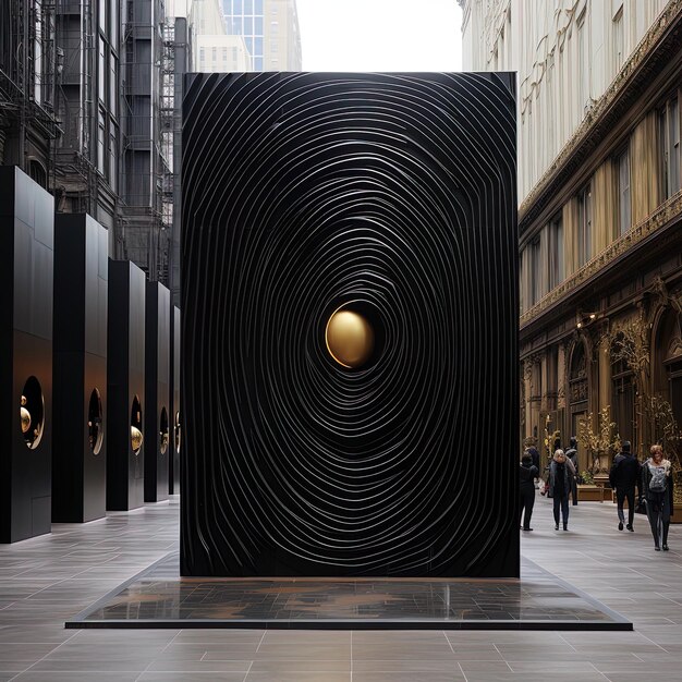 Photo une sculpture noire avec un cercle jaune en bas est devant un bâtiment