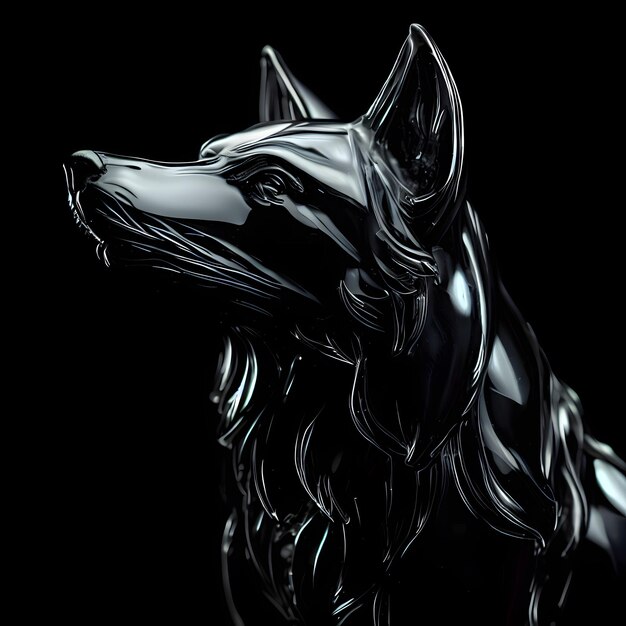 Une sculpture noire d'un chien avec un fond noir.