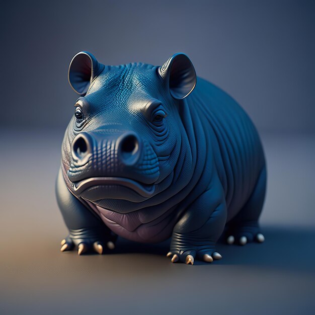 Une sculpture noire d'un hippopotame sur un fond bleu.