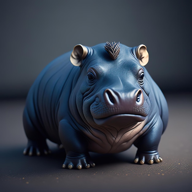 Une sculpture noire d'un hippopotame avec un visage bleu.