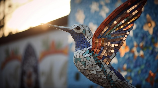 Une sculpture d'oiseau en mosaïque avec un oiseau bleu et blanc dessus.