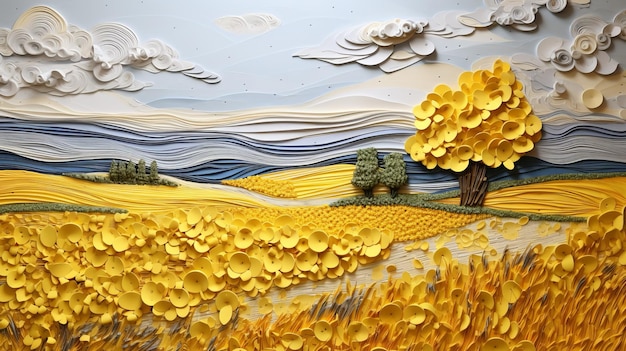 Photo sculpture organique champ jaune avec des arbres en papier et des illustrations vives