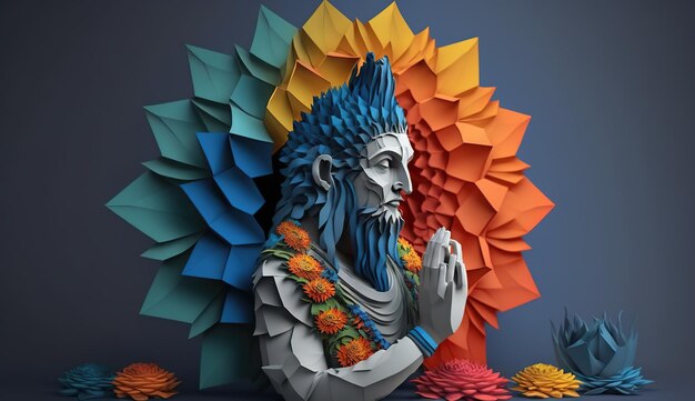 Une sculpture en papier 3d d'un homme avec un visage bleu et une fleur rouge au milieu.