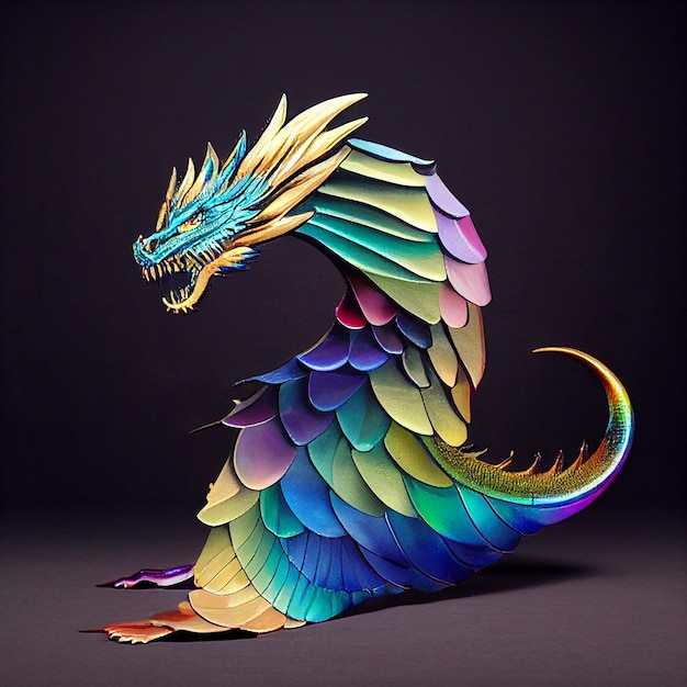 Une sculpture en papier d'un dragon avec une grande queue et une queue.