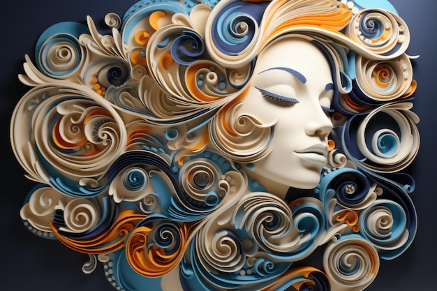 Une sculpture en papier du visage d'une femme avec des cheveux colorés AI générative