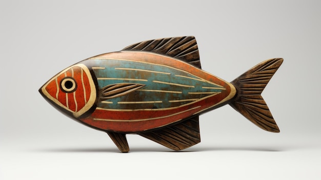 Photo sculpture de poisson en bois coloré avec des motifs indigènes et un design de caractère distinctif