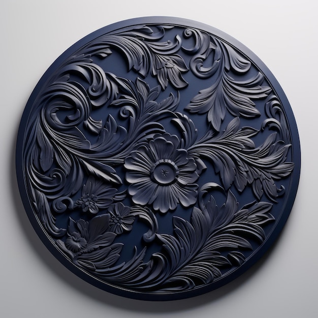 Sculpture ronde 3d de fleurs noires et bleues sur plaque blanche