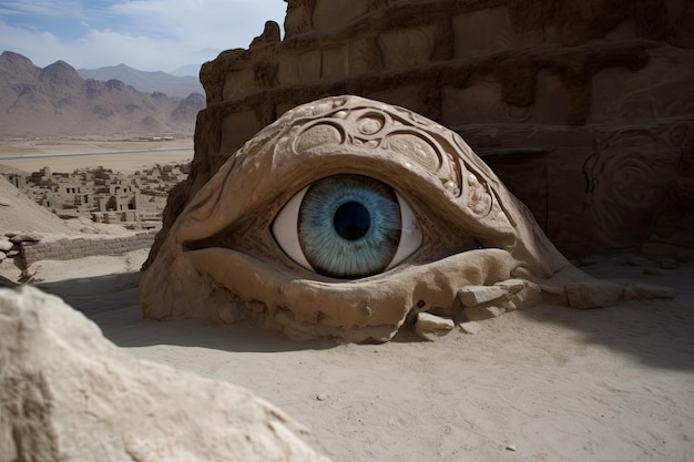 Une sculpture de sable d'un œil avec une sculpture de sable d'un œil