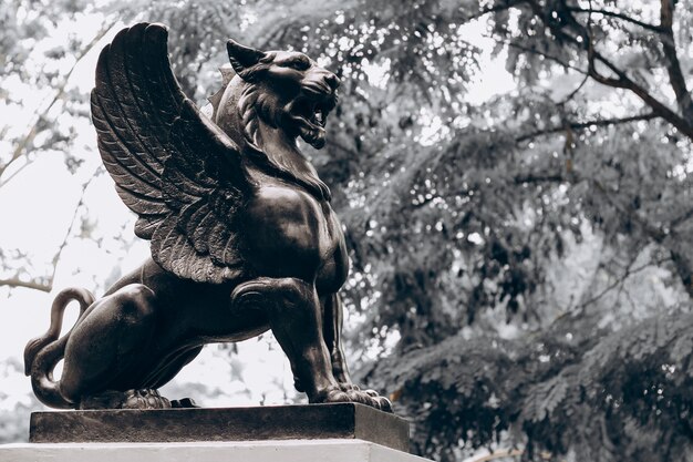 Sculpture sombre antique d'un lion avec des ailes sur un fond incolore.