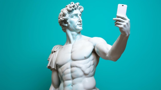 Sculpture ou statue de David prenant un selfie sur un téléphone portable sur fond bleu