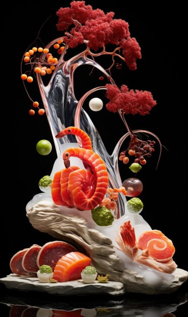 Photo une sculpture de sushi avec un arbre et un poisson ai