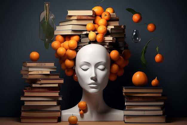 Une sculpture d'une tête de femme entourée d'orange et de livres