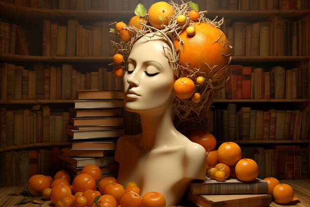 Une sculpture d'une tête de femme entourée d'orange et de livres