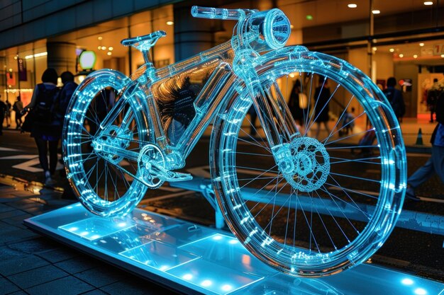 Photo sculpture de vélo transparent futuriste qui brille dans la lumière bleue de la nuit