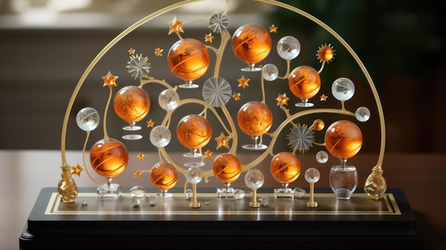 Une sculpture en verre d'un arbre avec des boules orange ai