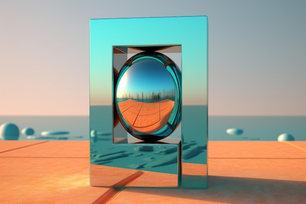 Une sculpture en verre avec un cercle bleu