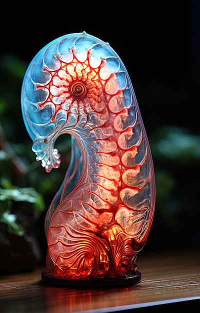 une sculpture en verre coloré d'un dragon avec une queue bleue