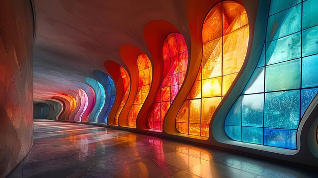 une sculpture en verre coloré est dans un bâtiment avec de nombreuses couleurs