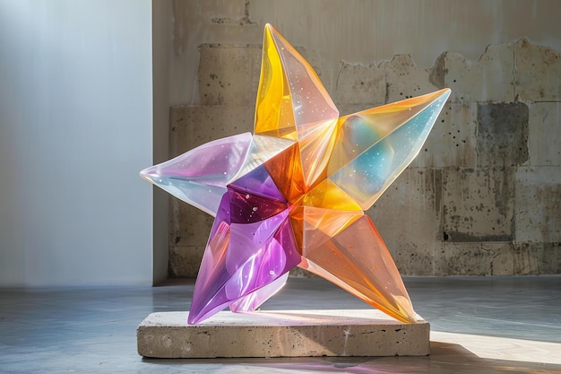 Photo sculpture de verre colorée en forme d'étoile sur une base en béton