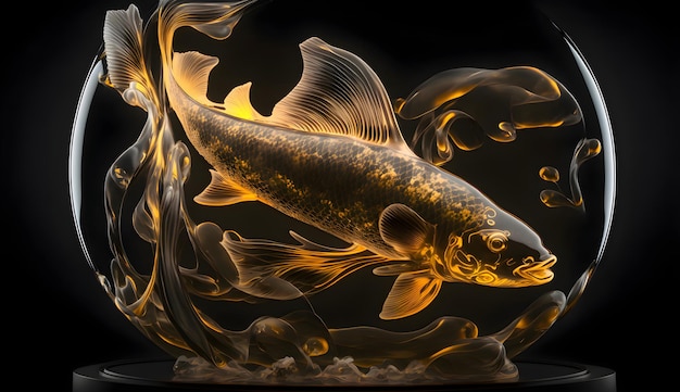 Une sculpture en verre rayonnante et translucide d'un ai génératif de poisson koi