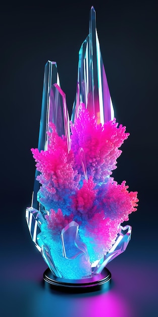 Une sculpture en verre rose et bleu d'une montagne gelée.