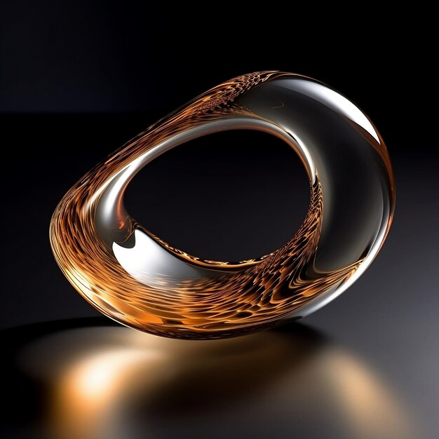 Une sculpture en verre avec un tourbillon doré sur le fond.