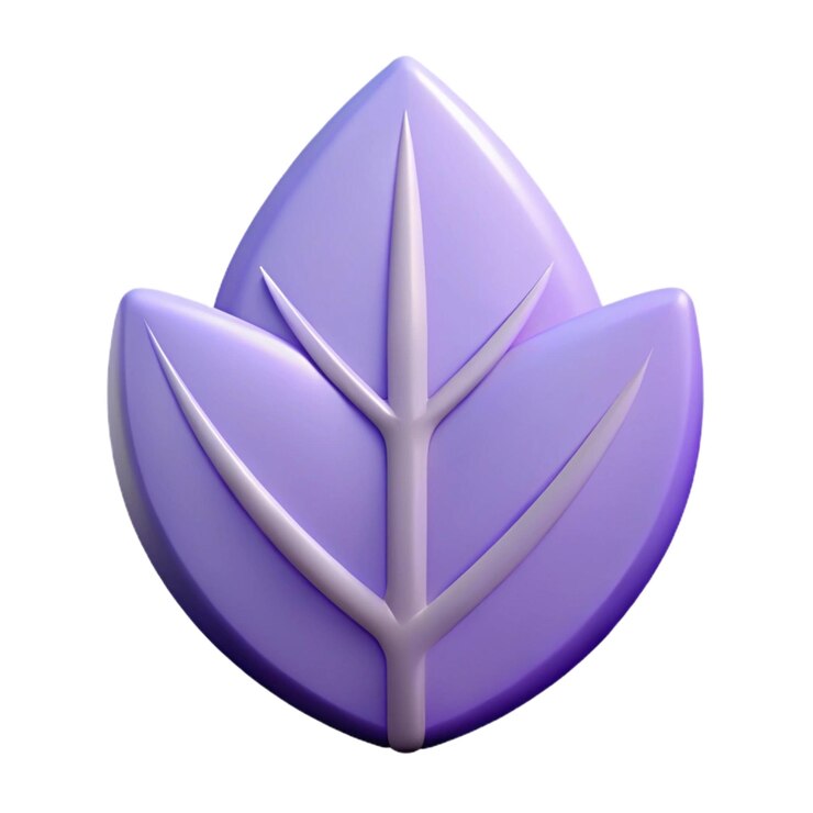 une sculpture violette et blanche d'une plante avec une feuille dessus