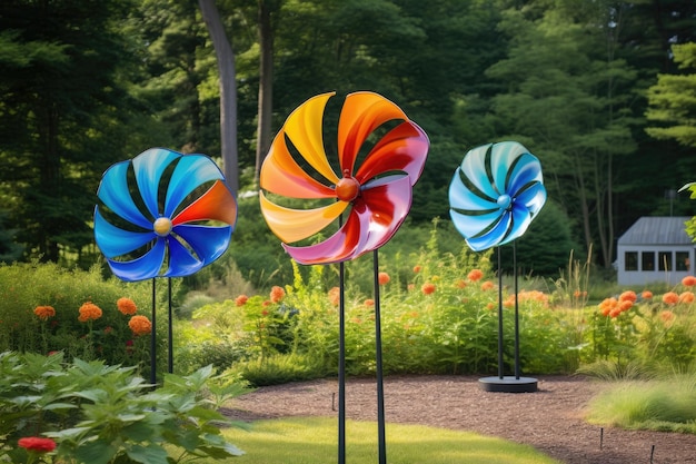 Sculptures colorées de vent tournant dans un jardin créé avec l'IA générative