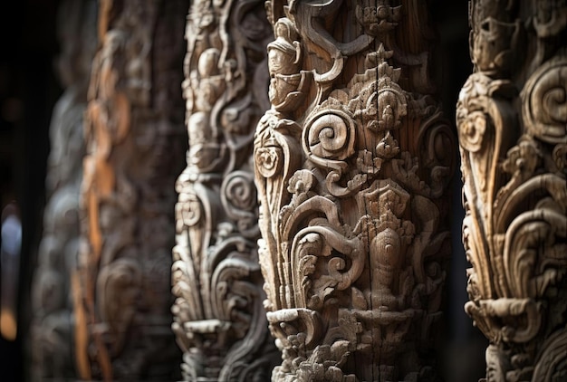 Photo sculptures d'un poteau de bois dans un temple dans le style de beige foncé et d'argent