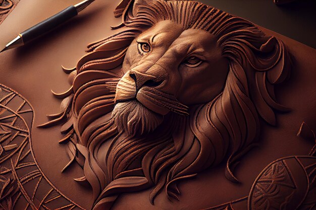 Photo sculptures d'une tête de lion sur une table en cuir avec un stylo ai génératif