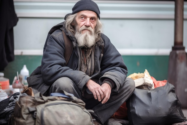 Photo sdf assis dans la rue avec ses effets personnels créés avec une ia générative