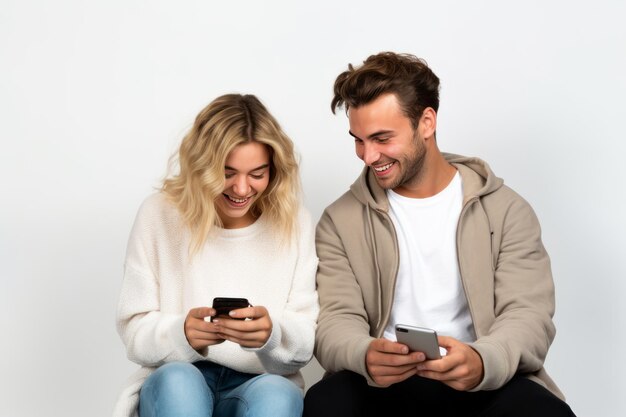 Se connecter dans un monde numérique Joyeux jeune couple engagé avec des smartphones dans un studio blanc