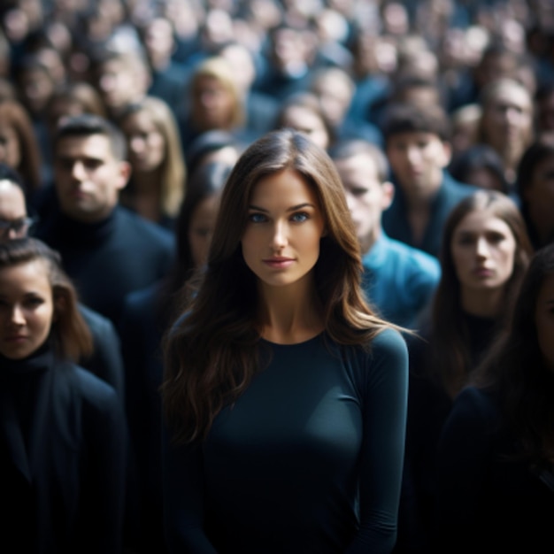 Se démarquer du concept de foule avec une femme regardant la caméra parmi une grande foule de personnes