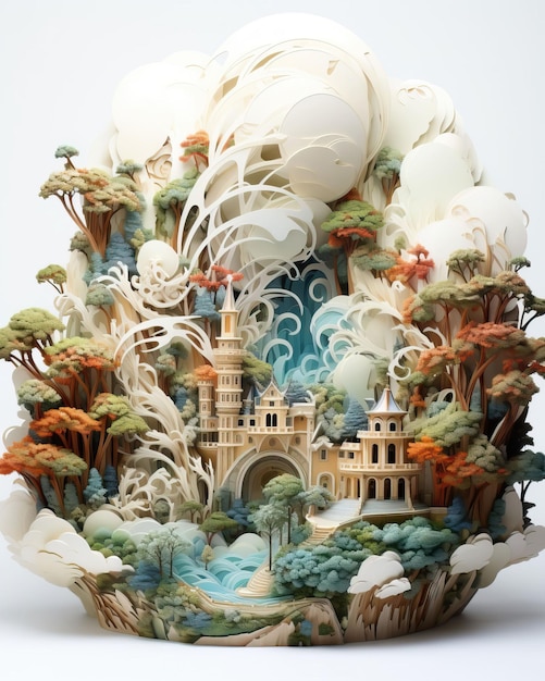 se déplie en une sculpture en papier 3D avec des îles flottantes et des créatures magiques