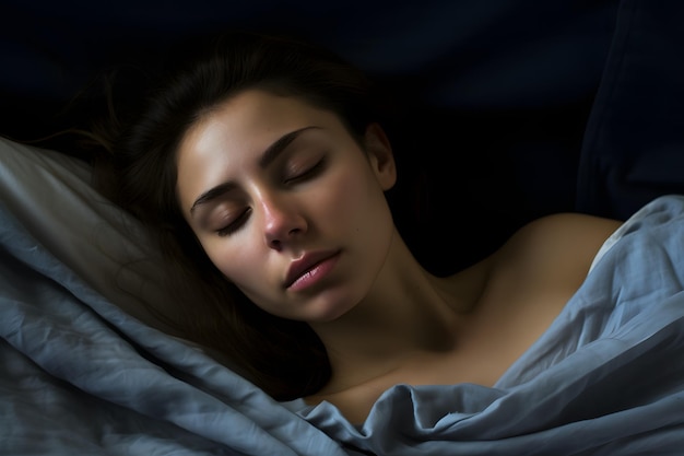 Se détendre dans le bleu Femme sereine Dormant dans un lit avec des draps bleus et une couverture AI générative