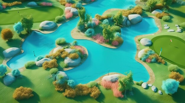 Photo se détendre sur le pré piscine avec vue aérienne de l'eau bleue golf sand trap generative ai