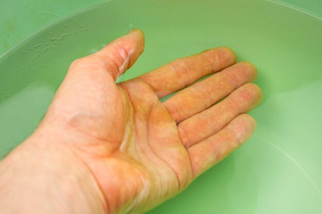 Se laver les mains à l'eau dans une bassine Hygiène des mains Se laver les paumes des mains à l'eau