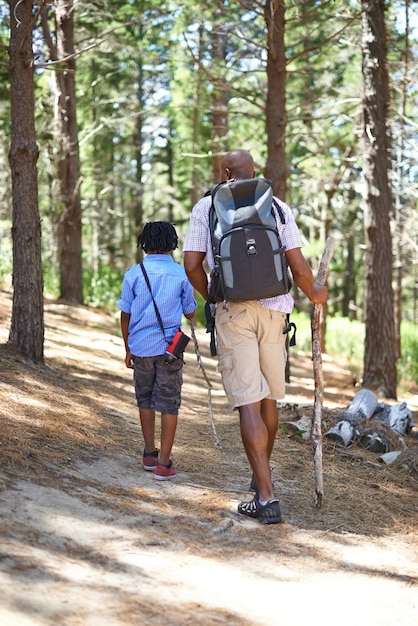 Se promener dans les bois Heureux père et fils africains parlant ensemble une promenade dans les bois