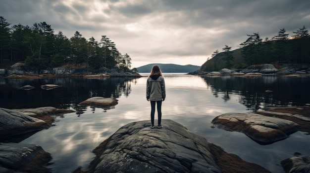 Se tenir sur un rocher près de l'eau Photographie de la nature